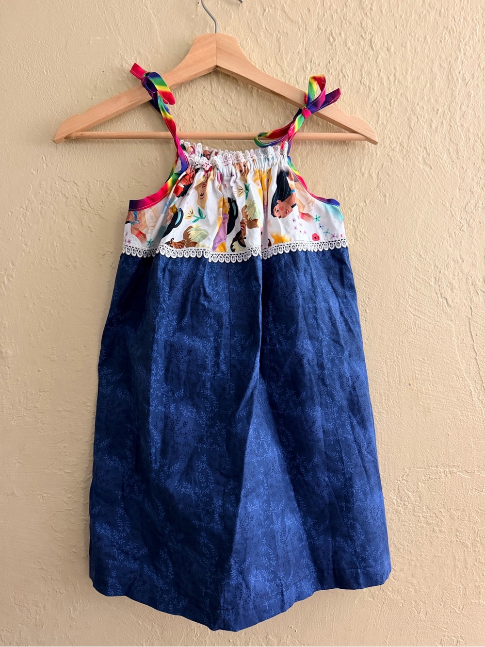 Girls Navy Blue Princess Patch Sundress with Rainbow Ties - Picture 2 of 4